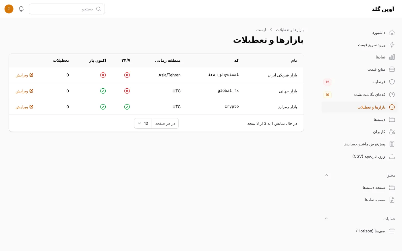 الأسواق والعطلات مع المنطقة الزمنية لكل سوق