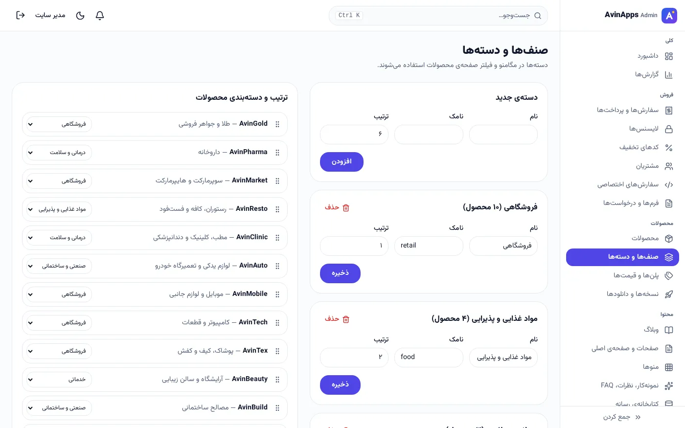 ترتيب القطاعات وفئات المنتجات