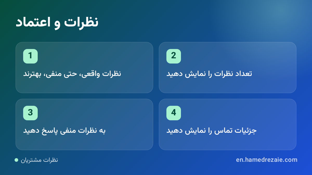 نظرات مشتریان نظرات و اعتماد: نظرات واقعی، حتی منفی، بهترند، تعداد نظرات را نمایش دهید، به نظرات منفی پاسخ دهید، جزئیات تماس را نمایش دهید