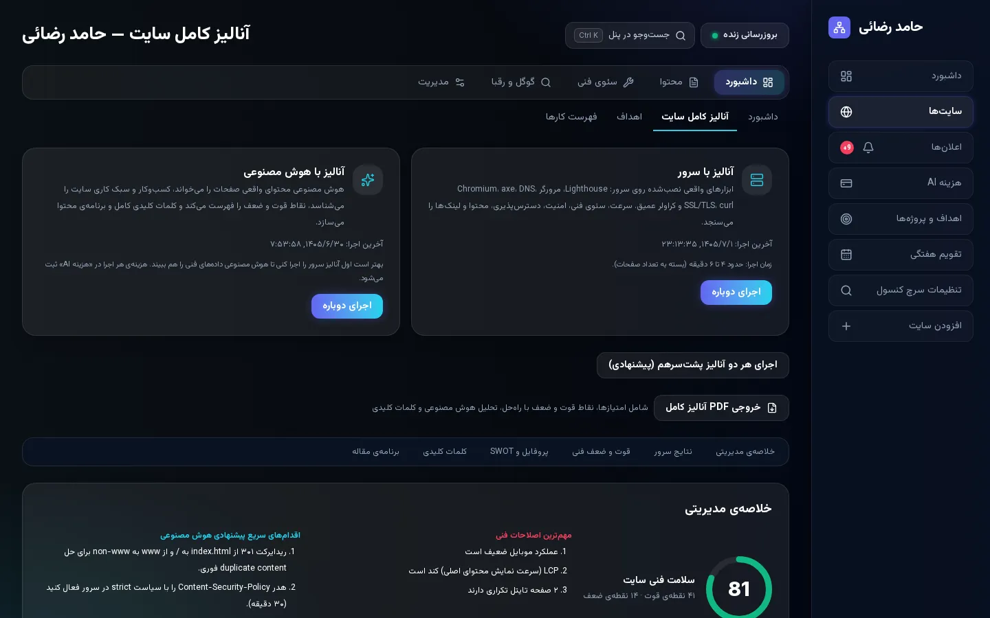صفحه آنالیز فنی کامل سایت با امتیاز سلامت و اقدامات پیشنهادی هوش مصنوعی