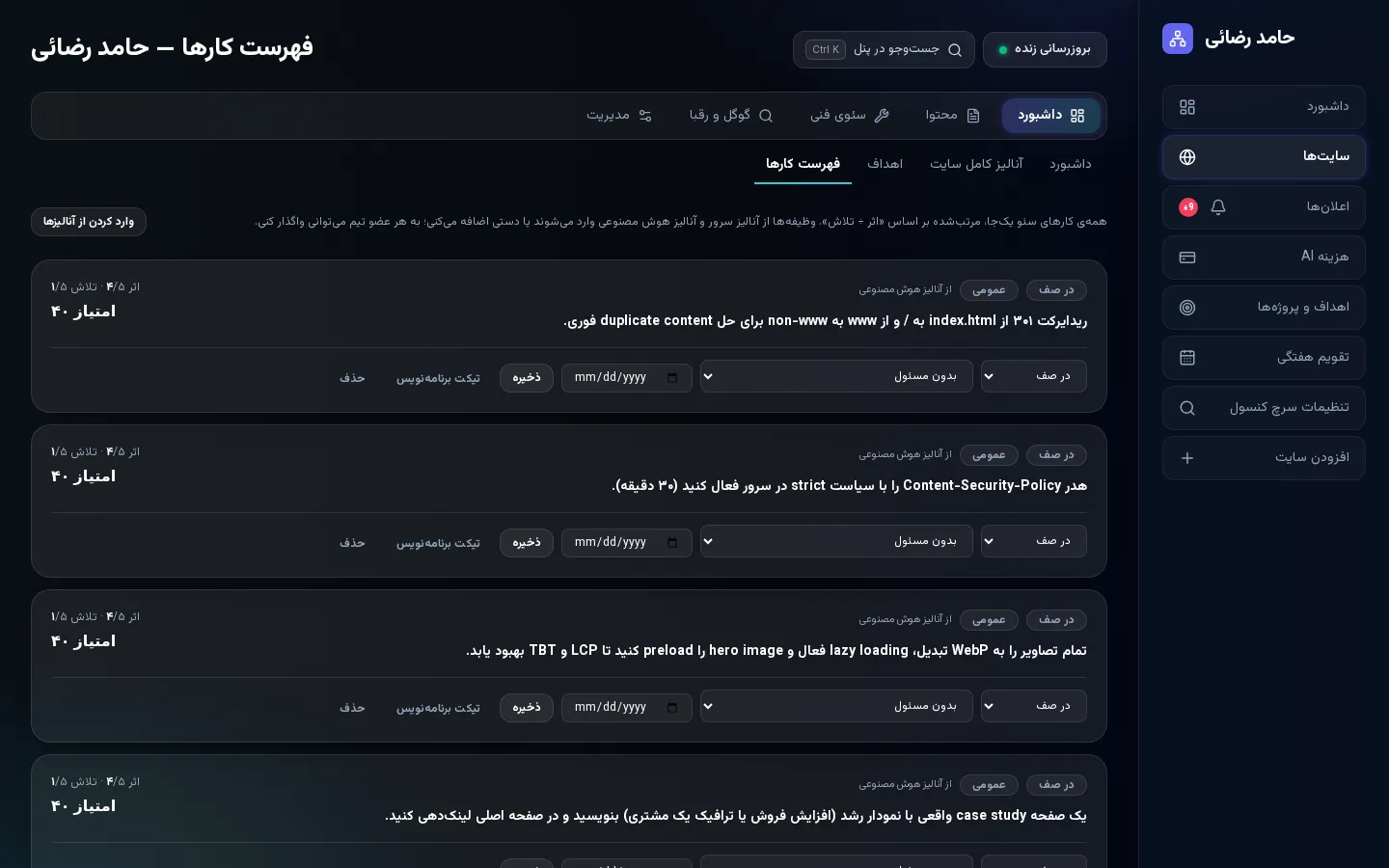فهرست کارهای اولویت‌بندی‌شده با هوش مصنوعی بر اساس اثر و تلاش لازم