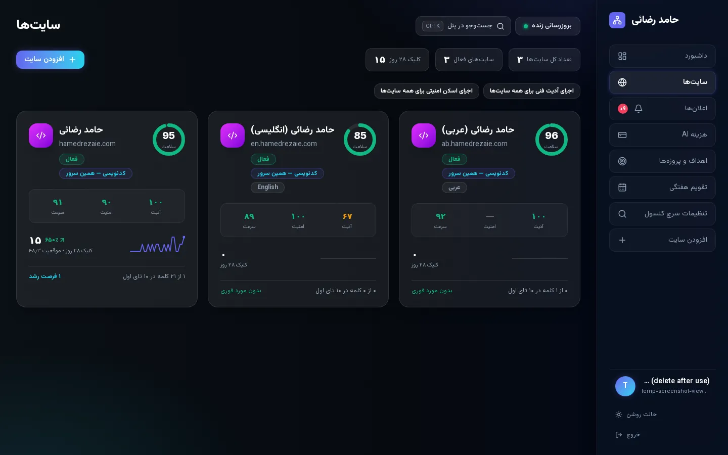 داشبورد مدیریت چندسایته پلتفرم سئوی حامد رضائی با امتیاز سلامت هر سایت